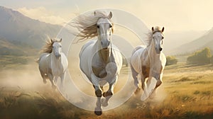 Three White Horses Running In The Wild Mountain Wilderness