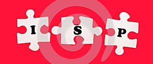 Three white jigsaw puzzles with the text ISP Internet Service Provider on a bright red background