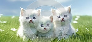 Three white kittens on the grass, AI generative