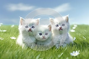 Three white kittens on the grass, AI generative