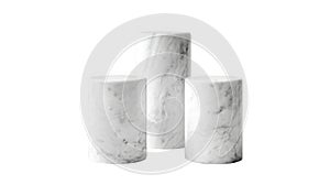 Three white marble cylindrical pedestals isolated on transparent background