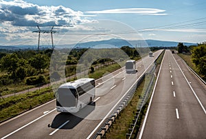 Three White Modern tourist buses driving through highway on bright sunny day