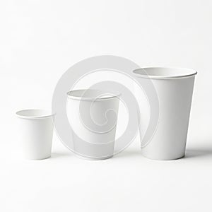 Three white paper cups of varying sizes on a white background