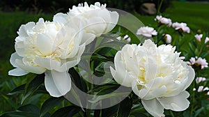 Three white peonies are blooming in the garden