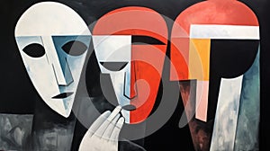 Surreal Theatrics: A Dark And Symbolic Composition Of Three Faces
