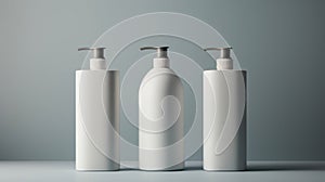 Three white plastic bottles with soap on a table, AI