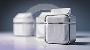 Three white plastic containers sitting on a table with one open, AI