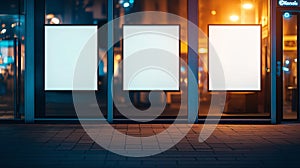 Three white posters are displayed on a window