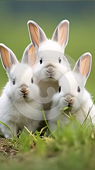 Three white rabbits in the grass on a green background, close-up