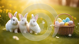 Three white rabbits in a spring meadow with flowers, Easter eggs in a wicker basket.