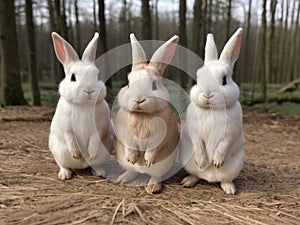 Three white rabbits standing in a row on the ground, looking at the camera