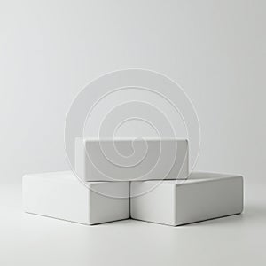 Three white rectangular blocks are stacked on a white background. Two blocks form