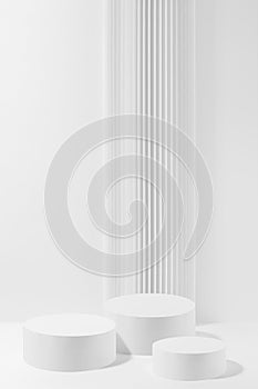 Three white round podiums with striped column as geometric decor, mockup on white background.