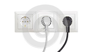 Three white socket outlet with two connected corresponding power