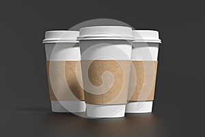 Three white take away coffee paper cups mock up with white lids on black background