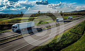 Three white transportation trucks