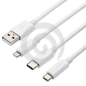 Three white USB Type-C cables isolated on white