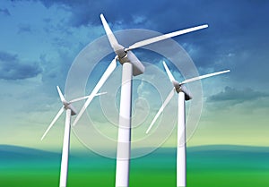 Three white wind turbines