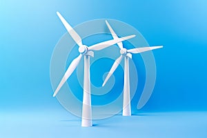 Three white wind turbines on blue background with shadow. Generative AI