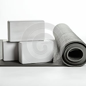 Three white yoga blocks are stacked on a gray yoga mat. The blocks are rectangular