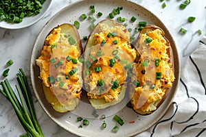 Three whole baked potatoes in jacket stuffed with chicken, green onions and cheddar cheese flat lay on plate on white background