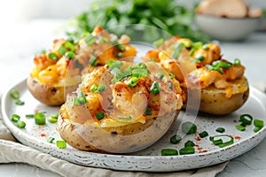 Three whole baked potatoes in jacket stuffed with chicken, green onions and cheddar cheese on plate on white background