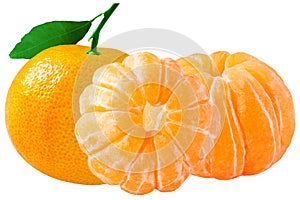 Three whole peeled mandarin isolated on white background with cl