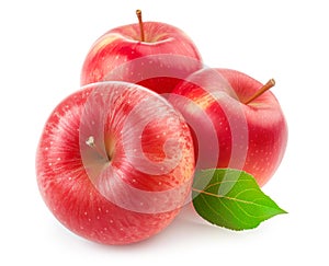 Three whole red apples isolated on white background with a leaf