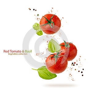 Three whole ripe juicy red tomatoes with water drops and basil leaves, peppers isolated flying falling on white