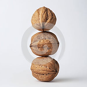 Three whole walnuts stacked vertically against a white background