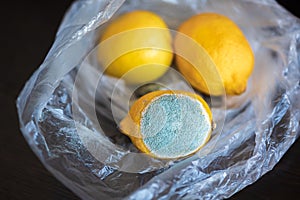 Three whole yellow bright lemons in a cellophane transparent plastic bag. One lemon with light turquoise textured mold,