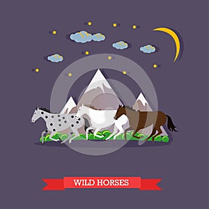 Three wild horses galloping on night nature background, vector illustration