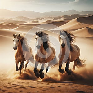 Three wild horses running through desert landscape