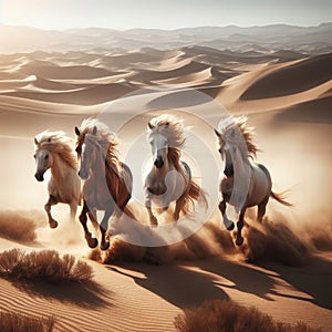 Three wild horses running through desert landscape