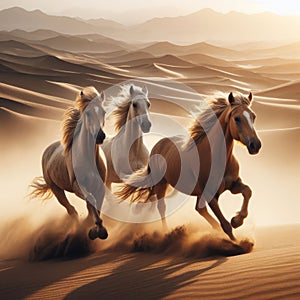 Three wild horses running through desert landscape