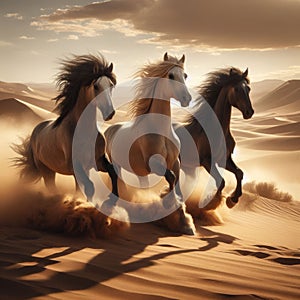 Three wild horses running through desert landscape