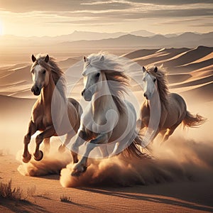 Three wild horses running through desert landscape