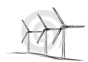 Three wind mills made of triangles, lines, dots. Wind turbines field. Renewable alternative sources of electric energy.