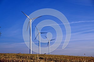 Three wind turbines in a row, rural landscape.