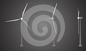 Three wind turbines. Set of vector images. Concept natural Energy