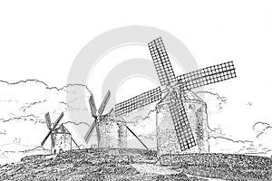 Three of windmills of Consuegra on the hill with blue sky and white clouds (Spain) in stylized form