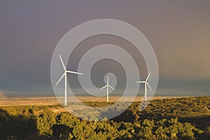 Three windmills on a stormy day