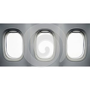 Three windows on the side of an airplane isolated on white background