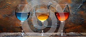 Three Wine Glasses With Different Colored Liquids