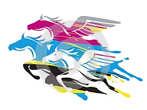 Three winged horses, cmyk print colors.