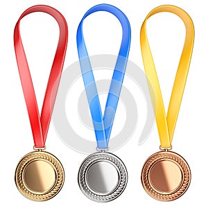 Three winning places concept. Medals with Ribbon