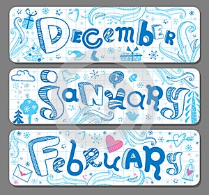 Three Winter horizontal seasonal doodle banners