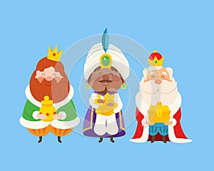 We Three Wise man with gifts celebrate Epiphany - Three kings cartoon style vector illustration isolated