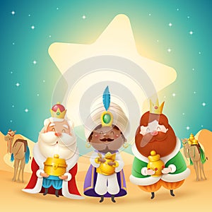 Three wise man with gifts and star shape lights - celebration Epiphany - desert night landscape