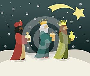 Three wise men bring presents to Jesus